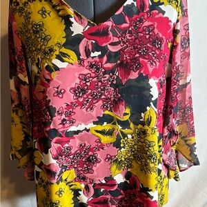 Pink and Yellow Graphic 3/4 Sleeve Blouse